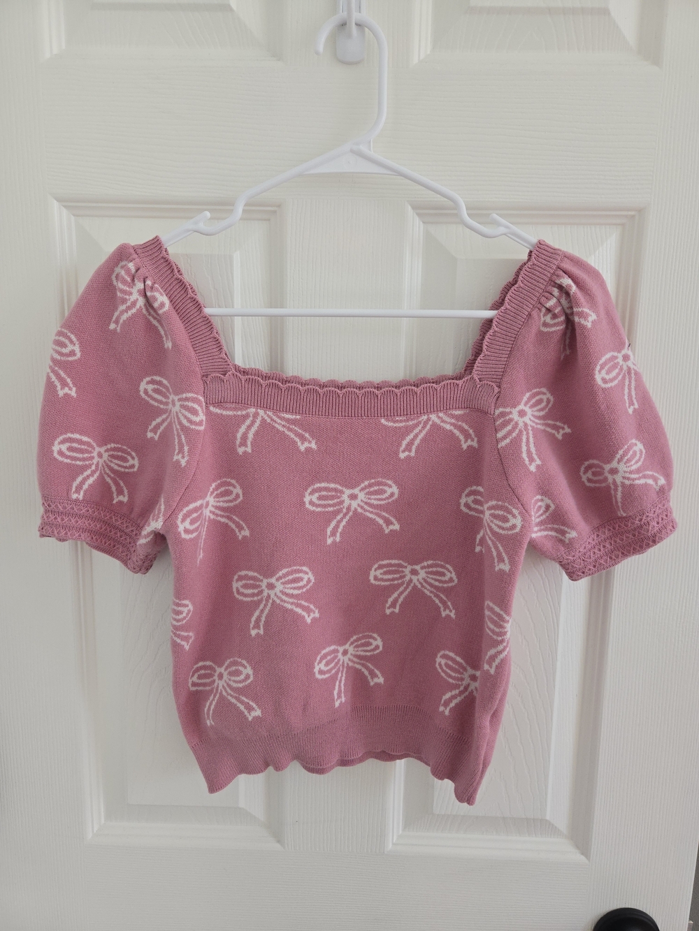 Girly Cropped Pink Bow-Print Square Neck Sweater Top, Medium, Whimsical, Twee